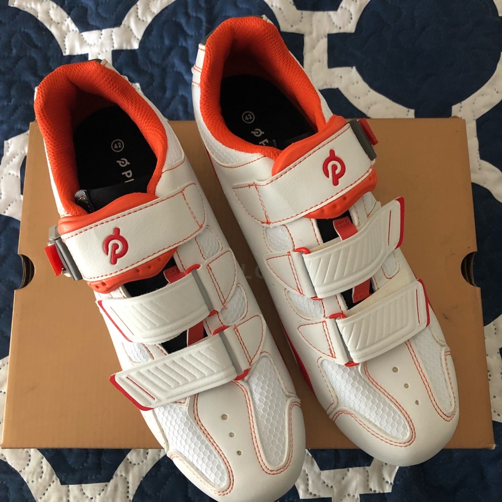 Peloton White and Orange Women's Cycling Shoes with Triple-Strap Closure